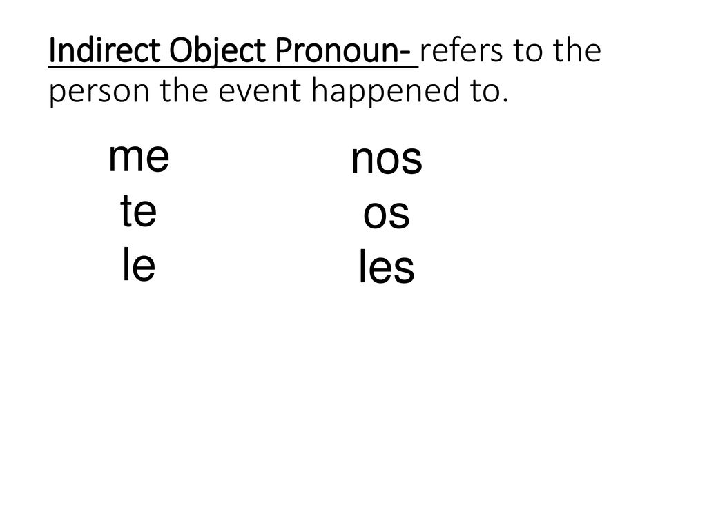 Indirect Object Pronoun- refers to the person the event happened to.