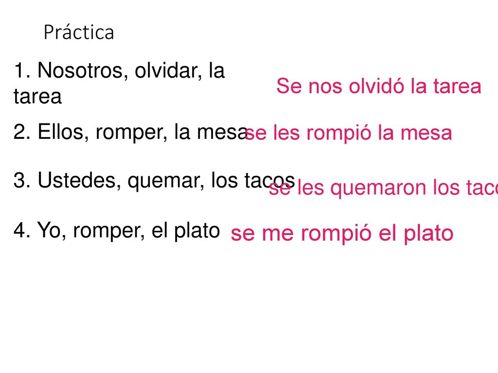 se me rompió el plato Práctica 1. Nosotros, olvidar, la tarea