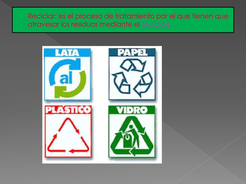 Reciclar: es el proceso de tratamiento por el que tienen que atravesar los residuos mediante el reciclaje.