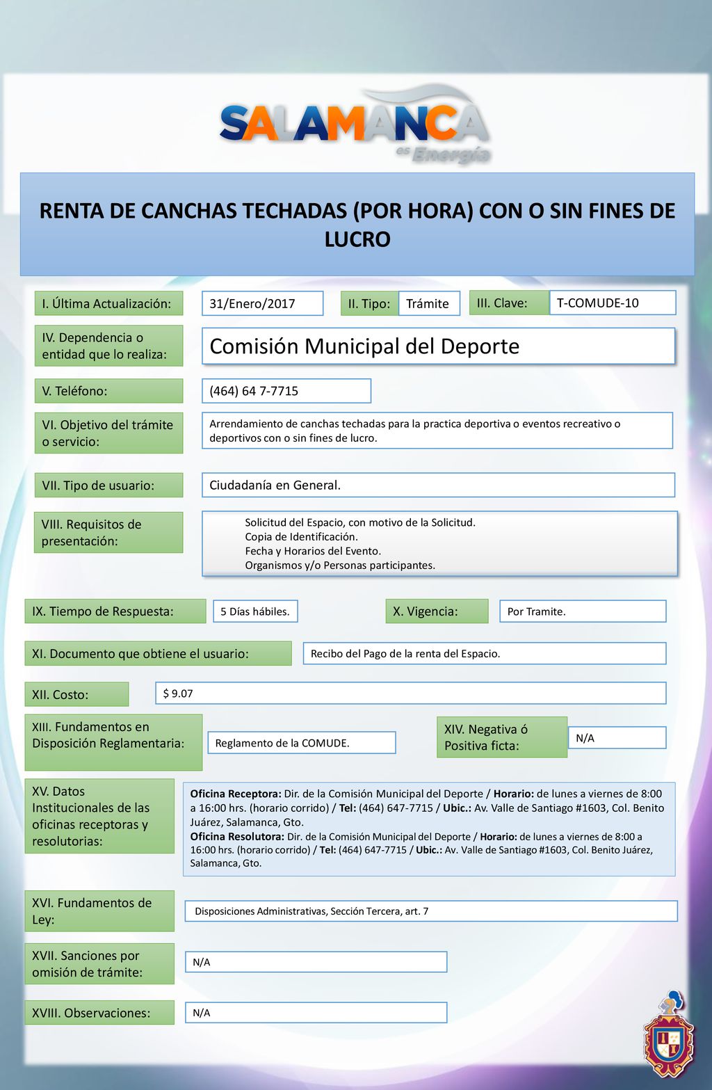 RENTA DE CANCHAS TECHADAS (POR HORA) CON O SIN FINES DE LUCRO