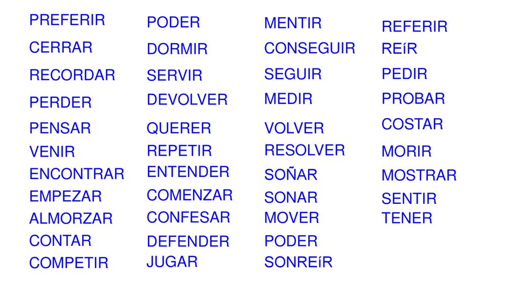 PREFERIR PODER. MENTIR. REFERIR. CERRAR. DORMIR. CONSEGUIR. REíR. RECORDAR. SERVIR. SEGUIR.