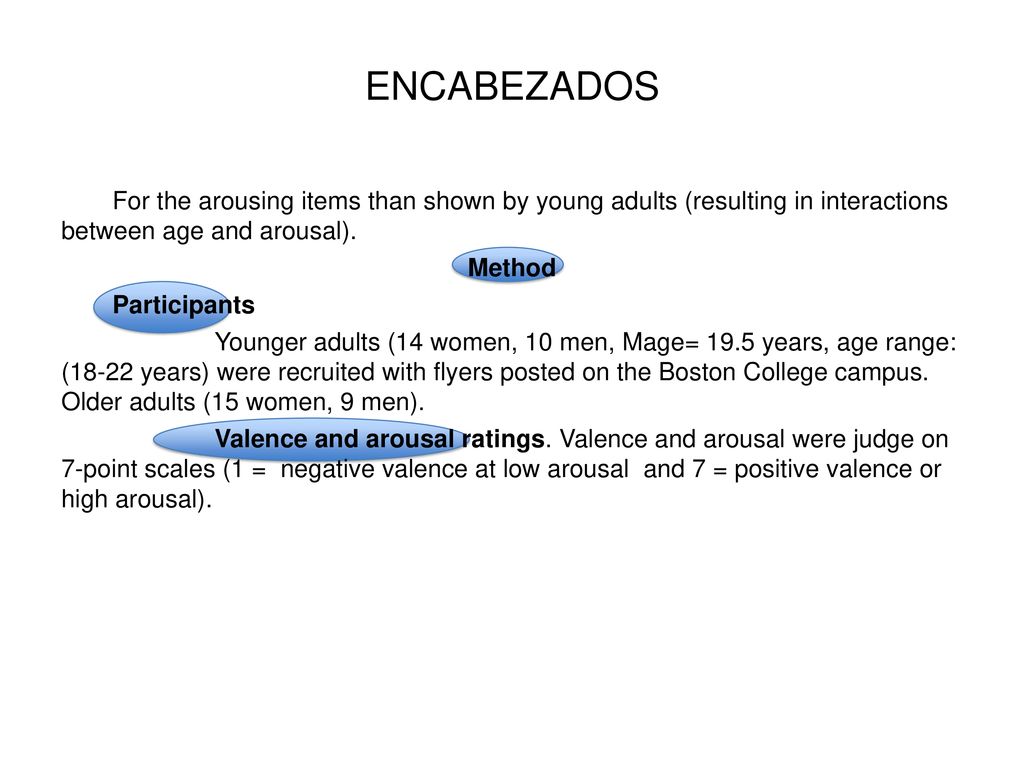 ENCABEZADOS For the arousing items than shown by young adults (resulting in interactions between age and arousal).