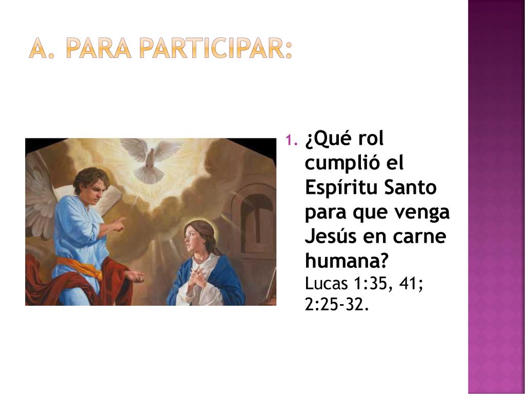 Para participar: ¿Qué rol cumplió el Espíritu Santo para que venga Jesús en carne humana.