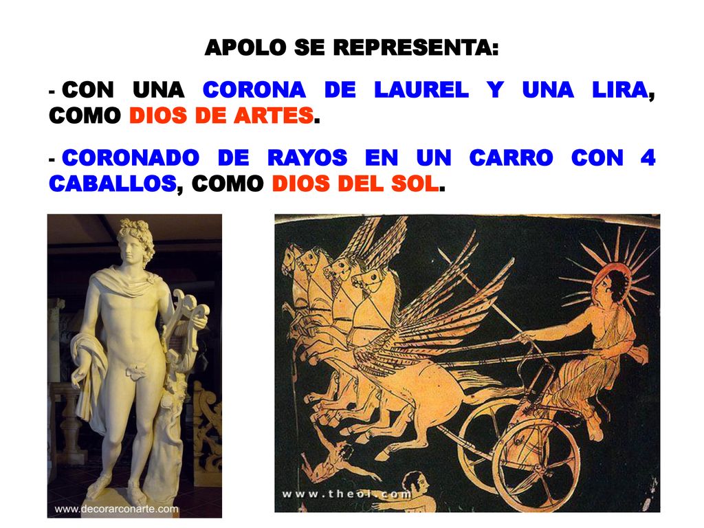 APOLO SE REPRESENTA: CON UNA CORONA DE LAUREL Y UNA LIRA, COMO DIOS DE ARTES. CORONADO DE RAYOS EN UN CARRO CON 4 CABALLOS, COMO DIOS DEL SOL.