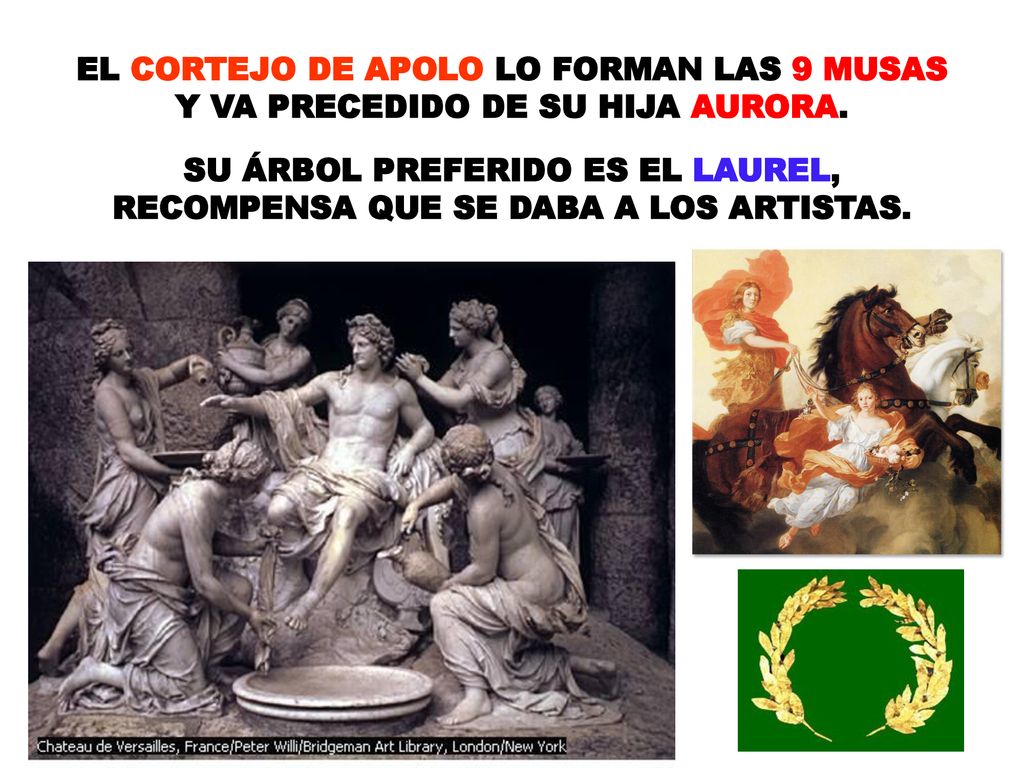 EL CORTEJO DE APOLO LO FORMAN LAS 9 MUSAS Y VA PRECEDIDO DE SU HIJA AURORA.