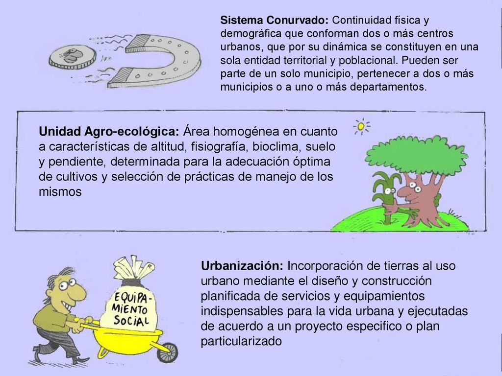 Sistema Conurvado: Continuidad física y demográfica que conforman dos o más centros urbanos, que por su dinámica se constituyen en una sola entidad territorial y poblacional. Pueden ser parte de un solo municipio, pertenecer a dos o más municipios o a uno o más departamentos.