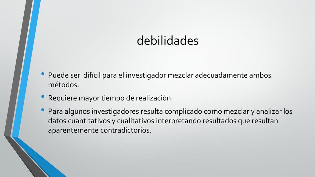 debilidades Puede ser difícil para el investigador mezclar adecuadamente ambos métodos. Requiere mayor tiempo de realización.