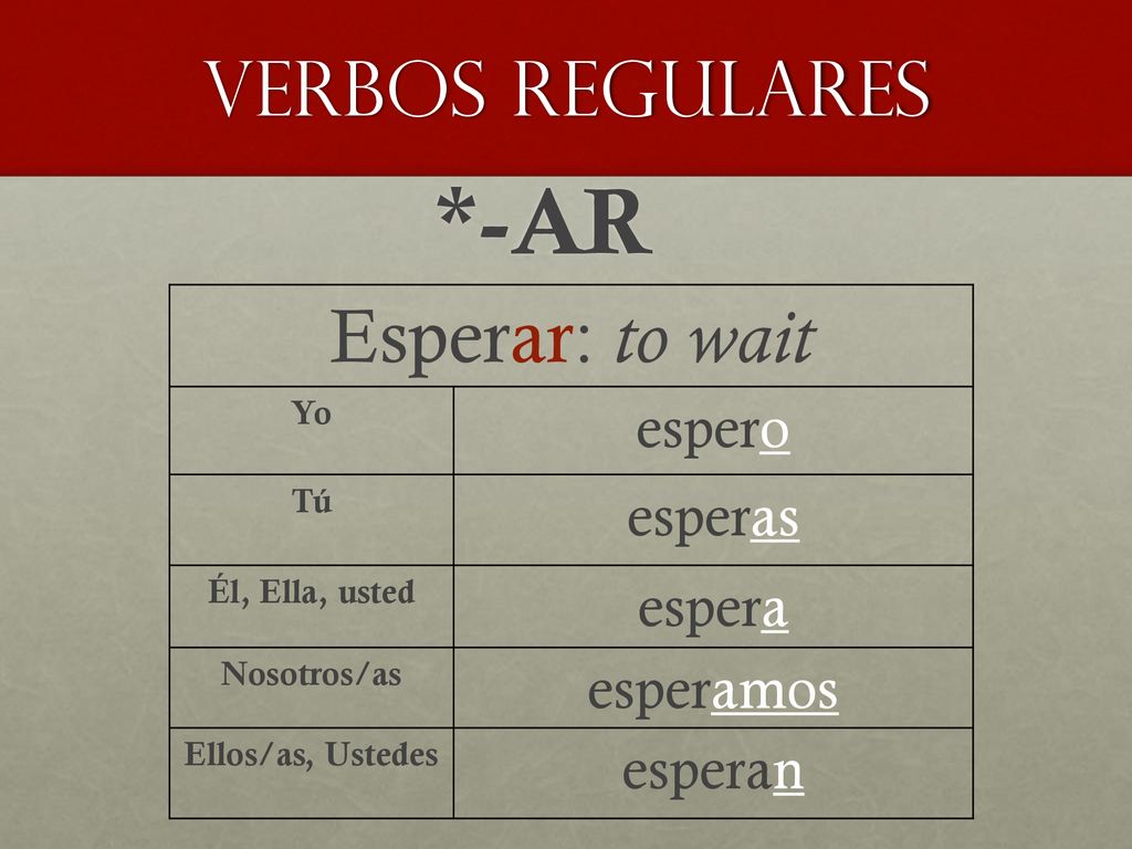 *-AR Verbos Regulares Esperar: to wait espero esperas espera esperamos