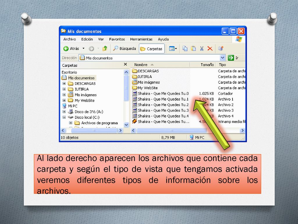 Al lado derecho aparecen los archivos que contiene cada carpeta y según el tipo de vista que tengamos activada veremos diferentes tipos de información sobre los archivos.