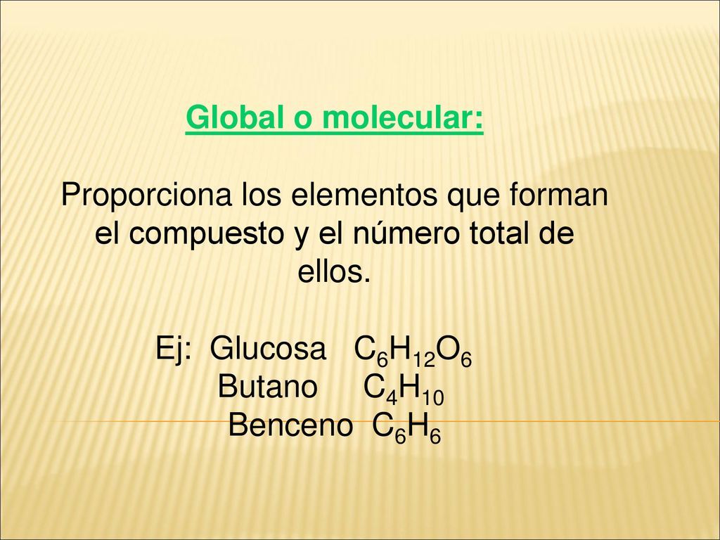 Global o molecular: Proporciona los elementos que forman el compuesto y el número total de ellos. Ej: Glucosa C6H12O6.
