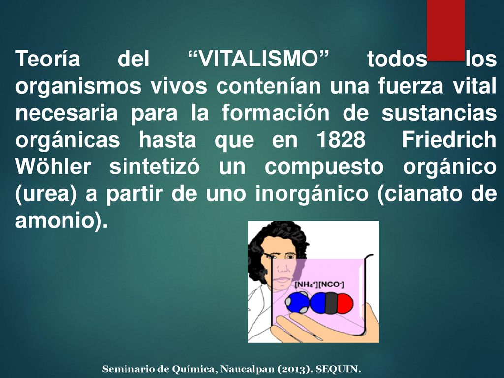 Teoría del VITALISMO todos los organismos vivos contenían una fuerza vital necesaria para la formación de sustancias orgánicas hasta que en 1828 Friedrich Wöhler sintetizó un compuesto orgánico (urea) a partir de uno inorgánico (cianato de amonio).