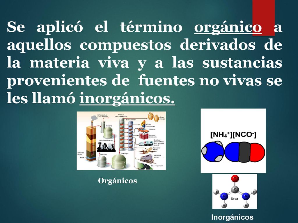 Se aplicó el término orgánico a aquellos compuestos derivados de la materia viva y a las sustancias provenientes de fuentes no vivas se les llamó inorgánicos.