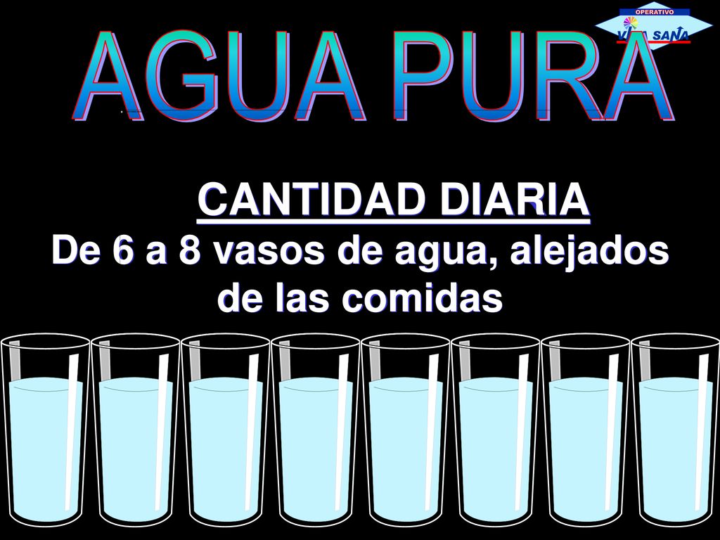 De 6 a 8 vasos de agua, alejados de las comidas