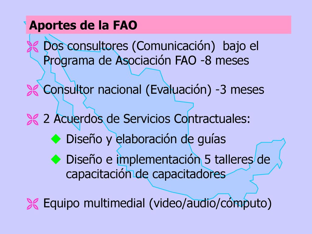 Aportes de la FAO Dos consultores (Comunicación) bajo el Programa de Asociación FAO -8 meses. Consultor nacional (Evaluación) -3 meses.