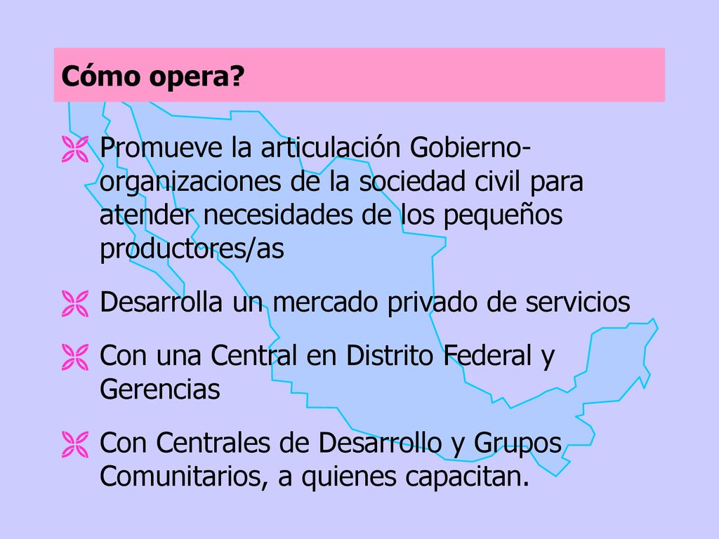 Cómo opera Promueve la articulación Gobierno-organizaciones de la sociedad civil para atender necesidades de los pequeños productores/as.