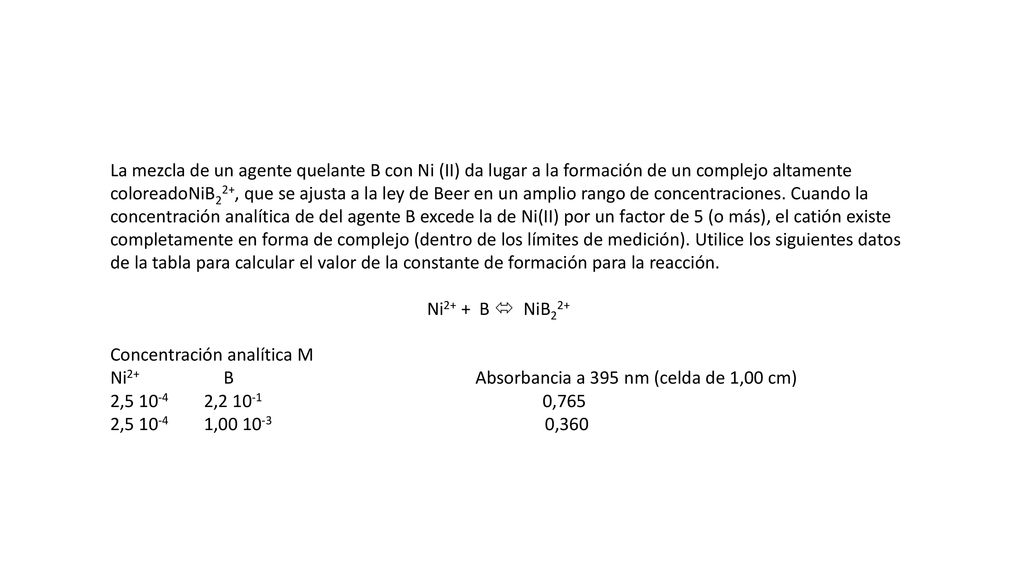 La mezcla de un agente quelante B con Ni (II) da lugar a la formación de un complejo altamente coloreadoNiB22+, que se ajusta a la ley de Beer en un amplio rango de concentraciones. Cuando la concentración analítica de del agente B excede la de Ni(II) por un factor de 5 (o más), el catión existe completamente en forma de complejo (dentro de los límites de medición). Utilice los siguientes datos de la tabla para calcular el valor de la constante de formación para la reacción.