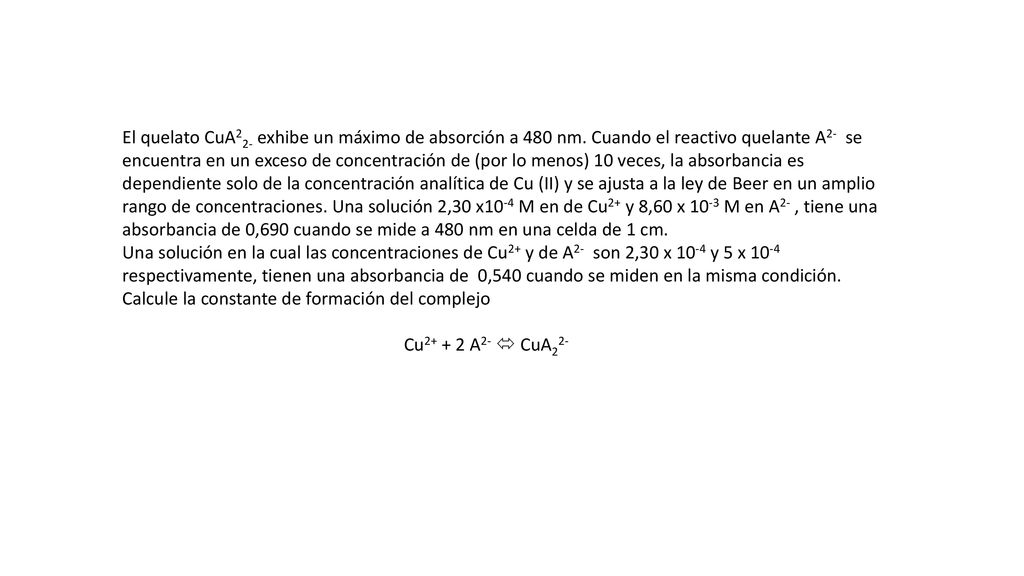 El quelato CuA22- exhibe un máximo de absorción a 480 nm