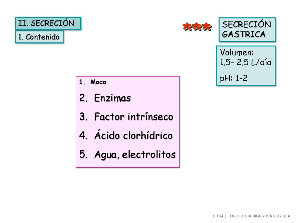 *** Enzimas Factor intrínseco Ácido clorhídrico Agua, electrolitos