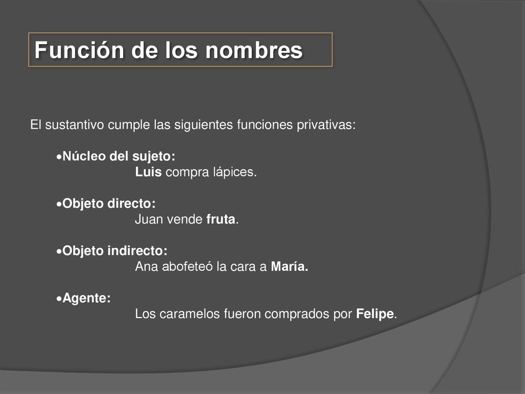 Función de los nombres El sustantivo cumple las siguientes funciones privativas: Núcleo del sujeto: