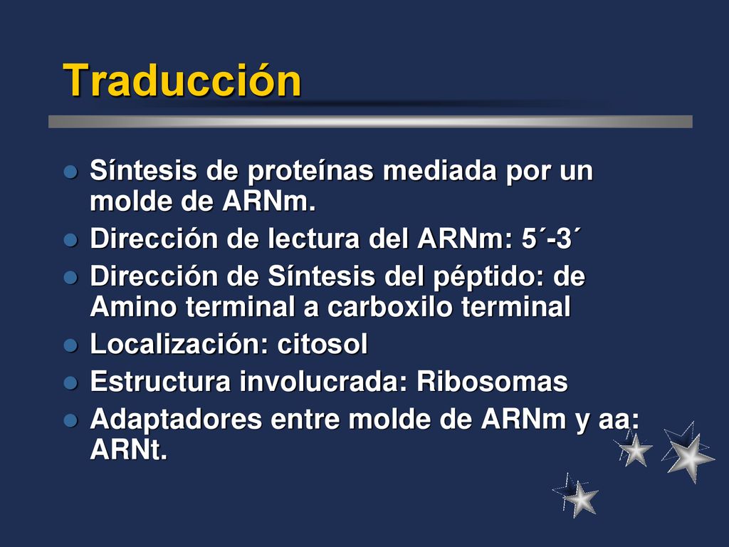 Traducción Síntesis de proteínas mediada por un molde de ARNm.