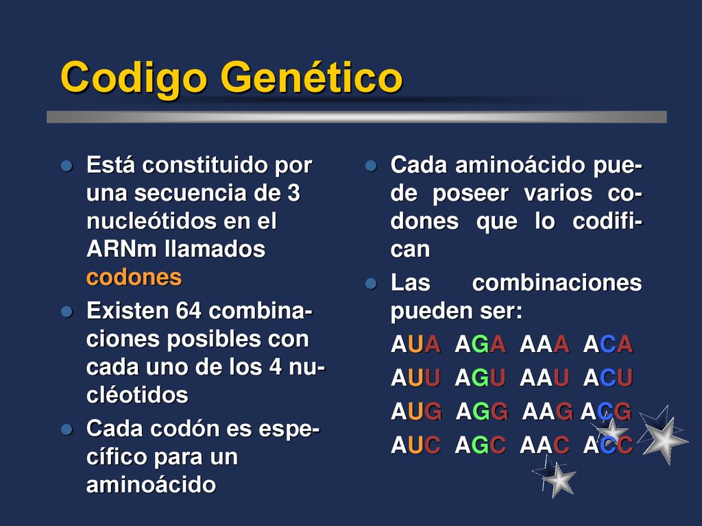 Codigo Genético Está constituido por una secuencia de 3 nucleótidos en el ARNm llamados codones.