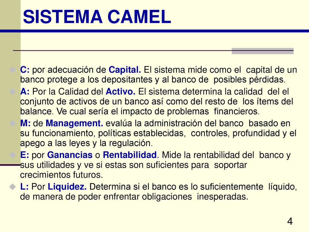 SISTEMA CAMEL C: por adecuación de Capital. El sistema mide como el capital de un banco protege a los depositantes y al banco de posibles pérdidas.