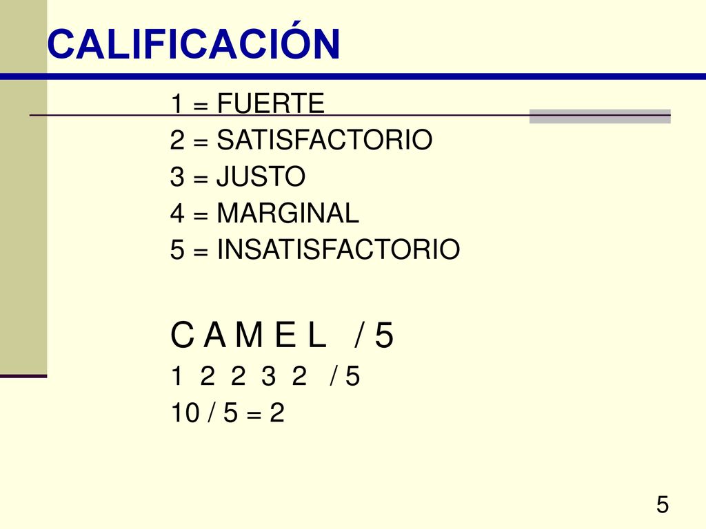 CALIFICACIÓN C A M E L / 5 1 = FUERTE 2 = SATISFACTORIO 3 = JUSTO