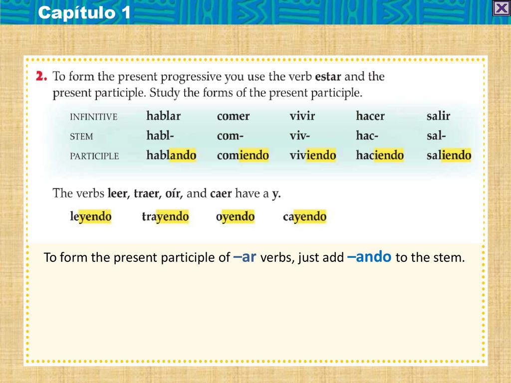 Capítulo 1 To form the present participle of –ar verbs, just add –ando to the stem.