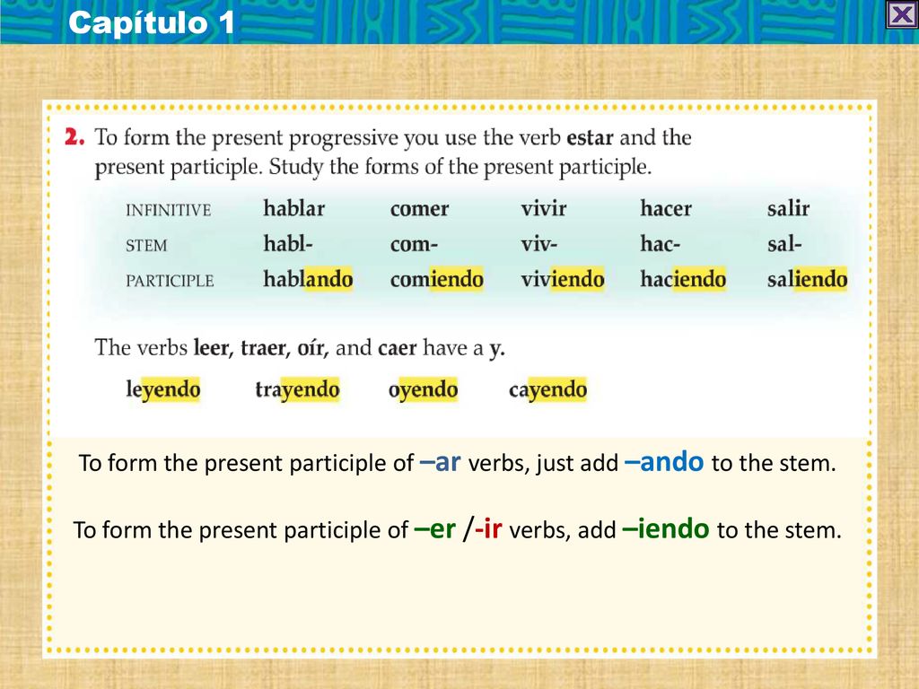 Capítulo 1 To form the present participle of –ar verbs, just add –ando to the stem.