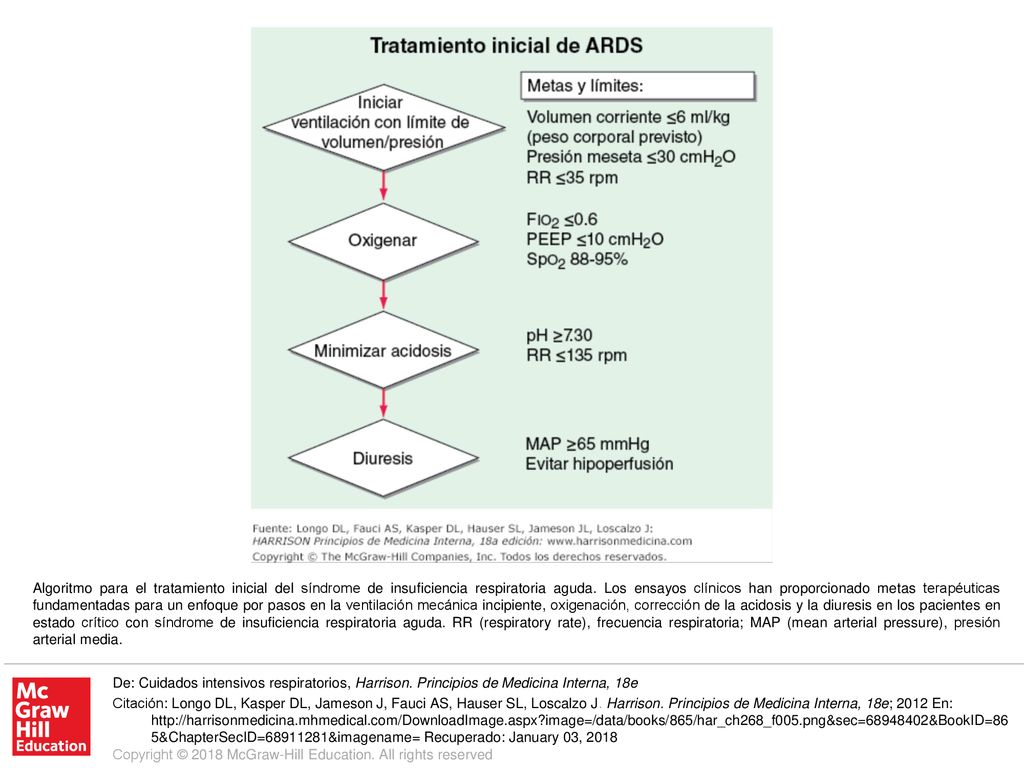 Algoritmo para el tratamiento inicial del síndrome de insuficiencia respiratoria aguda. Los ensayos clínicos han proporcionado metas terapéuticas fundamentadas para un enfoque por pasos en la ventilación mecánica incipiente, oxigenación, corrección de la acidosis y la diuresis en los pacientes en estado crítico con síndrome de insuficiencia respiratoria aguda. RR (respiratory rate), frecuencia respiratoria; MAP (mean arterial pressure), presión arterial media.