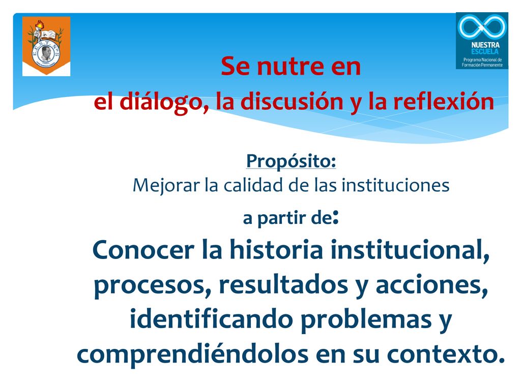 Se nutre en el diálogo, la discusión y la reflexión Propósito: Mejorar la calidad de las instituciones a partir de: Conocer la historia institucional, procesos, resultados y acciones, identificando problemas y comprendiéndolos en su contexto.