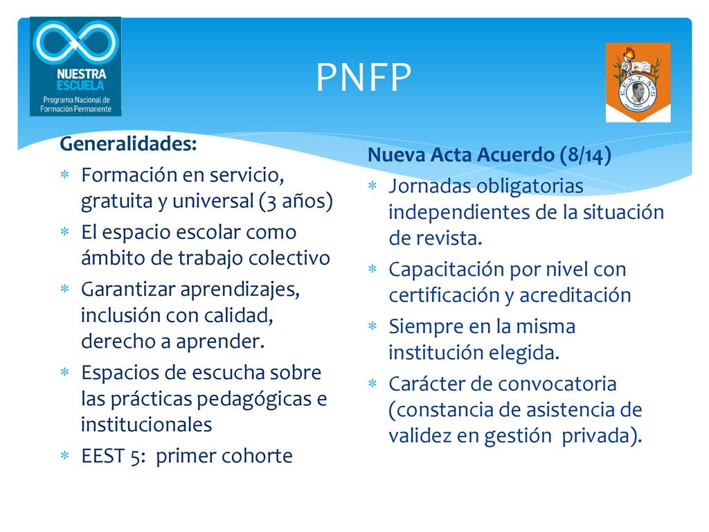 PNFP Generalidades: Formación en servicio, gratuita y universal (3 años) El espacio escolar como ámbito de trabajo colectivo.