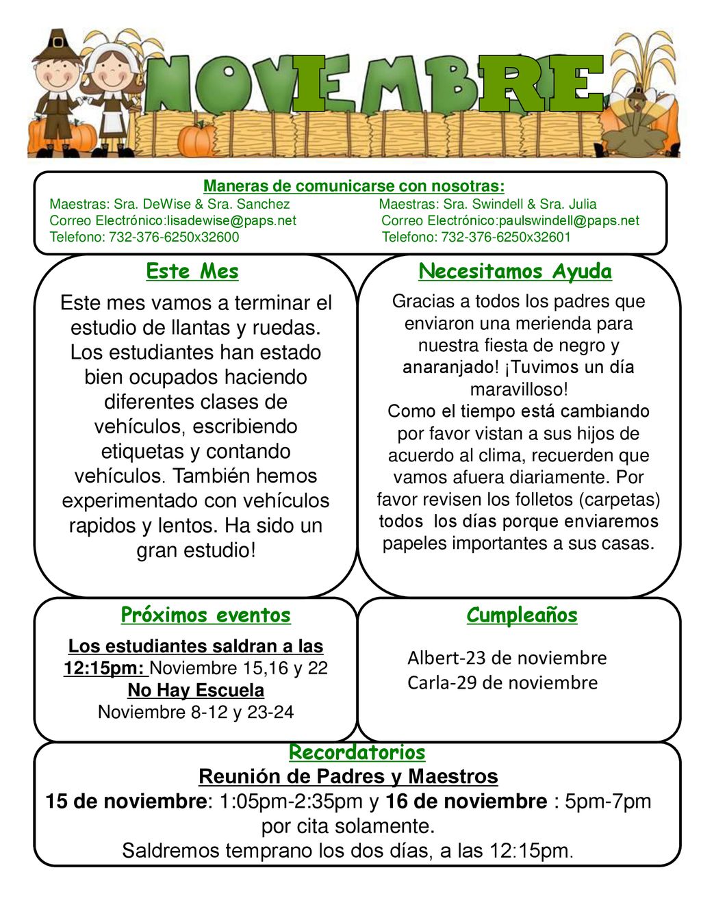 Maneras de comunicarse con nosotras: Reunión de Padres y Maestros