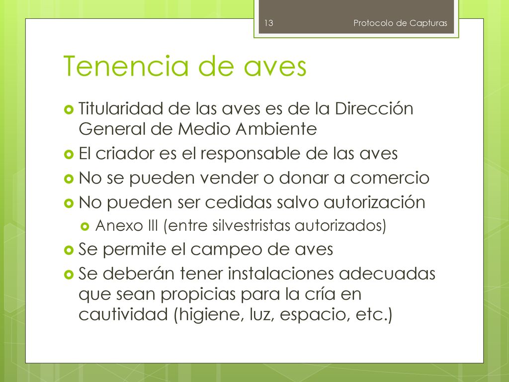 Protocolo de Capturas Tenencia de aves. Titularidad de las aves es de la Dirección General de Medio Ambiente.