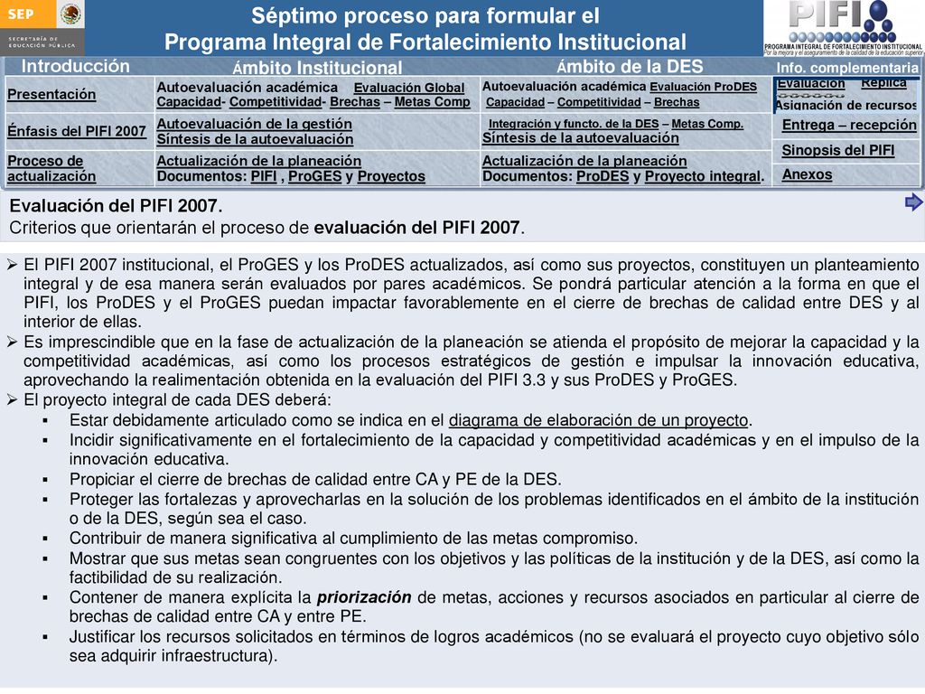 Criterios que orientarán el proceso de evaluación del PIFI 2007.