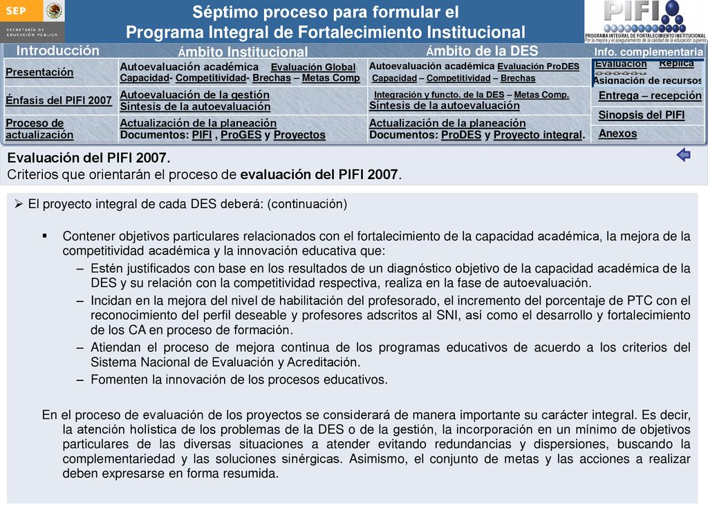 Criterios que orientarán el proceso de evaluación del PIFI 2007.