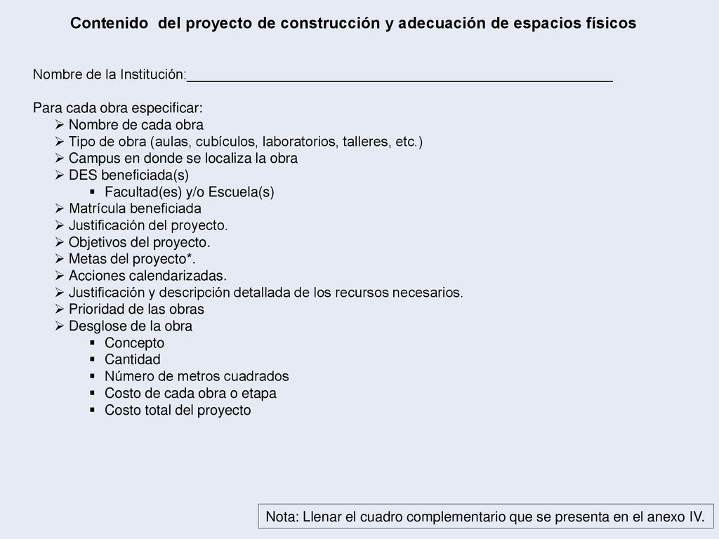 Contenido del proyecto de construcción y adecuación de espacios físicos