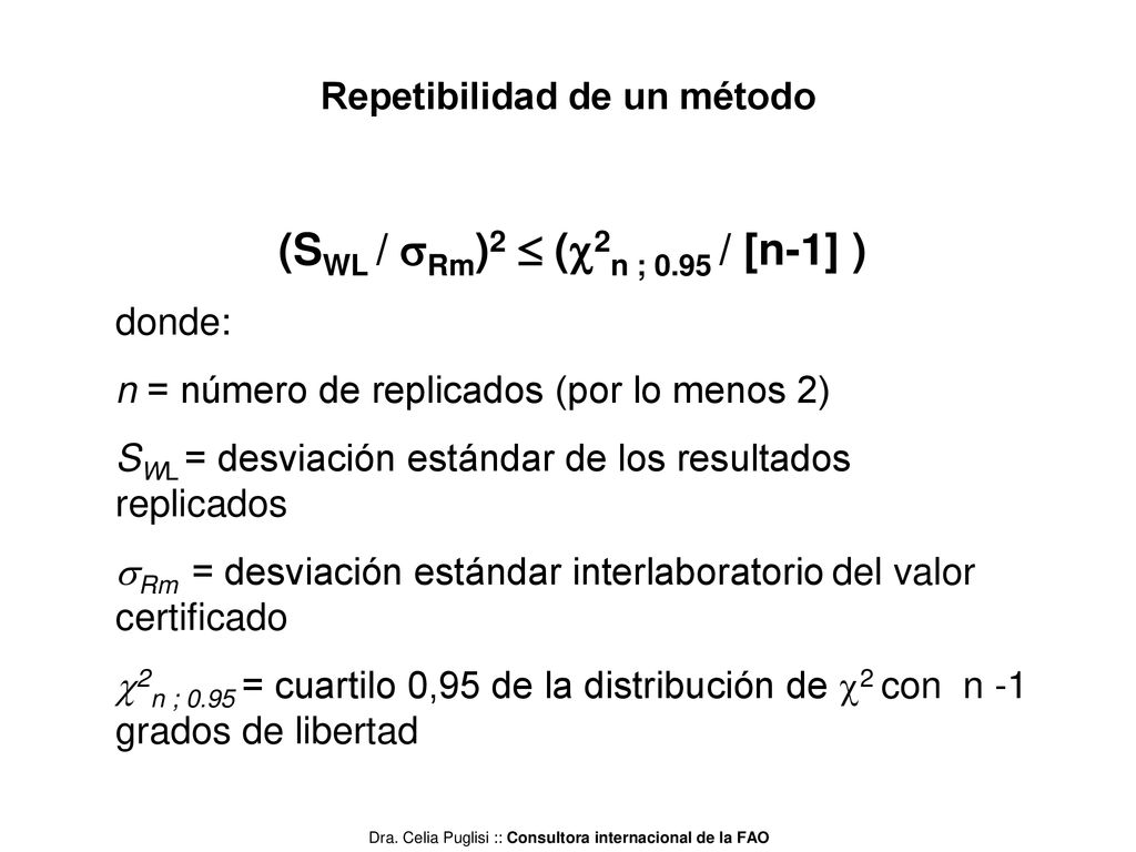 Repetibilidad de un método (SWL / Rm)2  (2n ; 0.95 / [n-1] )