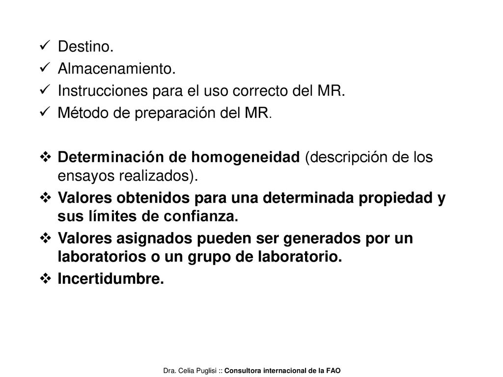 Destino. Almacenamiento. Instrucciones para el uso correcto del MR. Método de preparación del MR.