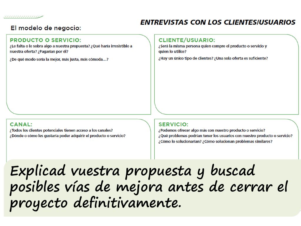 Explicad vuestra propuesta y buscad posibles vías de mejora antes de cerrar el proyecto definitivamente.