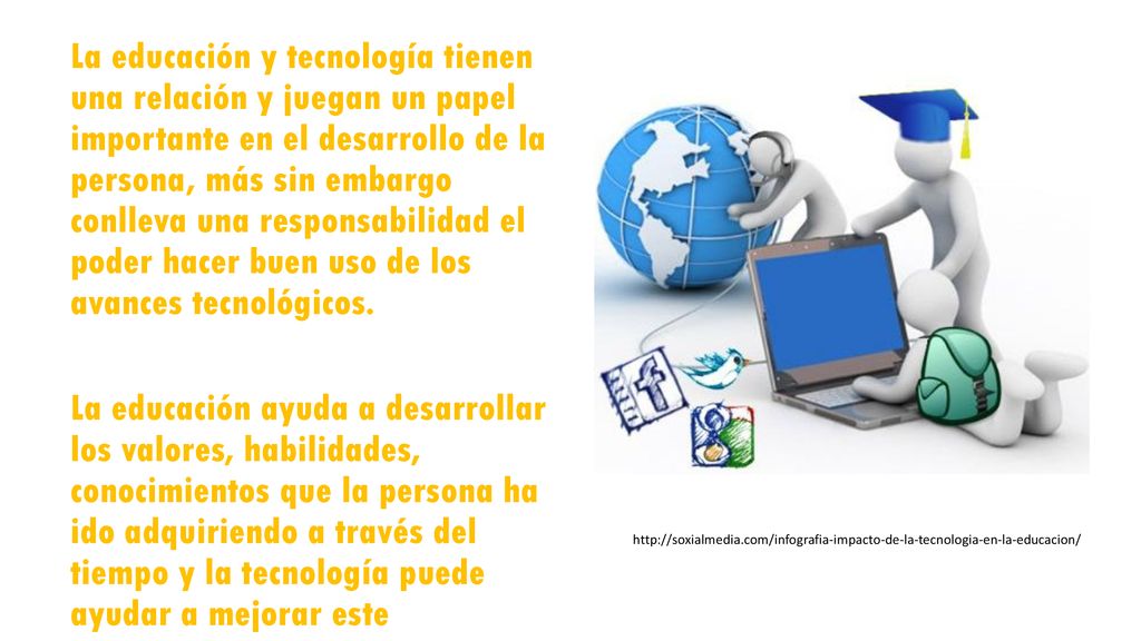 La educación y tecnología tienen una relación y juegan un papel importante en el desarrollo de la persona, más sin embargo conlleva una responsabilidad el poder hacer buen uso de los avances tecnológicos. La educación ayuda a desarrollar los valores, habilidades, conocimientos que la persona ha ido adquiriendo a través del tiempo y la tecnología puede ayudar a mejorar este conocimiento.