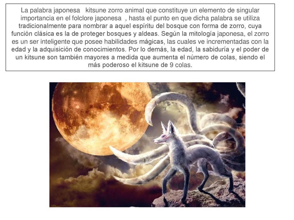 La palabra japonesa kitsune zorro animal que constituye un elemento de singular importancia en el folclore japonesa , hasta el punto en que dicha palabra se utiliza tradicionalmente para nombrar a aquel espíritu del bosque con forma de zorro, cuya función clásica es la de proteger bosques y aldeas.