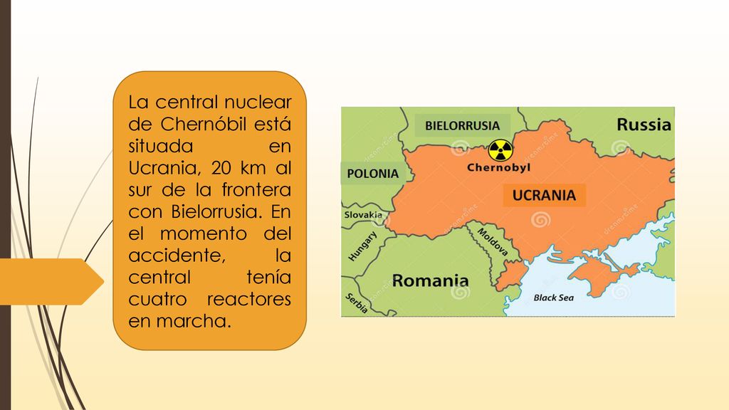 La central nuclear de Chernóbil está situada en Ucrania, 20 km al sur de la frontera con Bielorrusia.