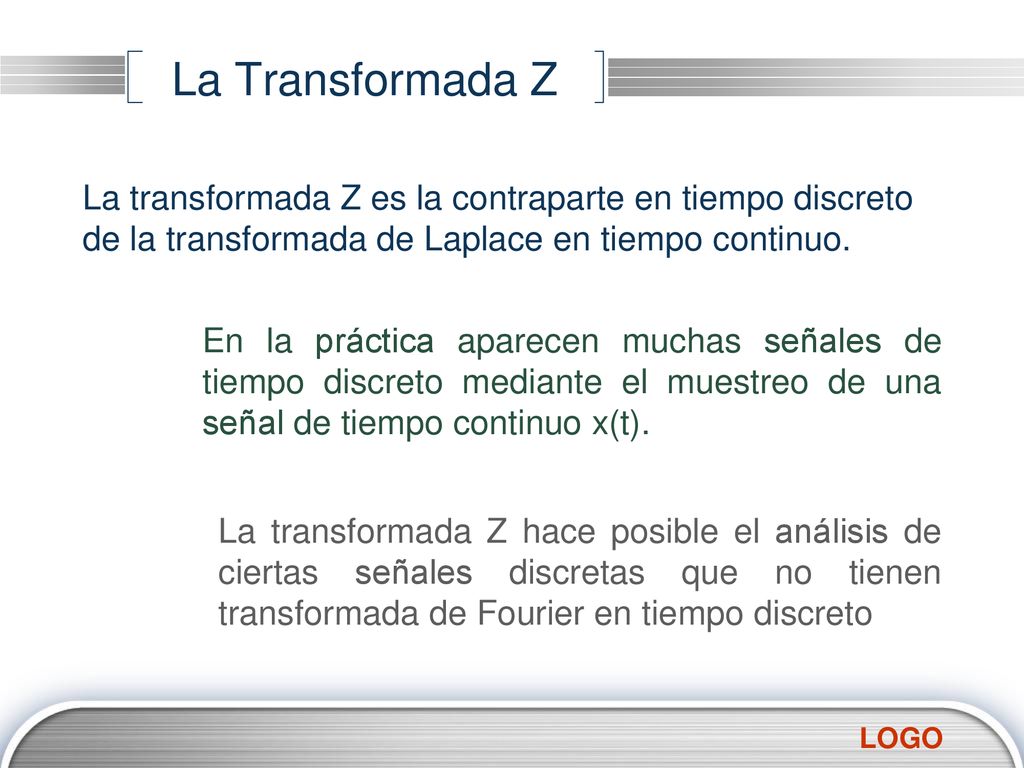 La Transformada Z La transformada Z es la contraparte en tiempo discreto de la transformada de Laplace en tiempo continuo.