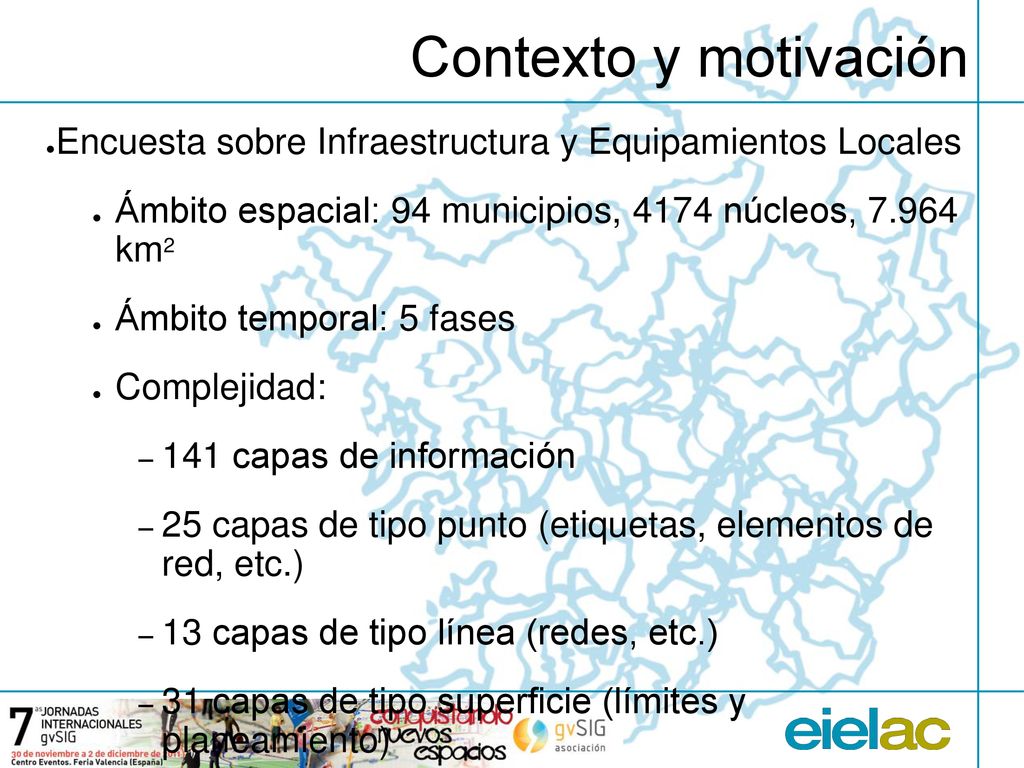 Contexto y motivación Encuesta sobre Infraestructura y Equipamientos Locales. Ámbito espacial: 94 municipios, 4174 núcleos, km2.