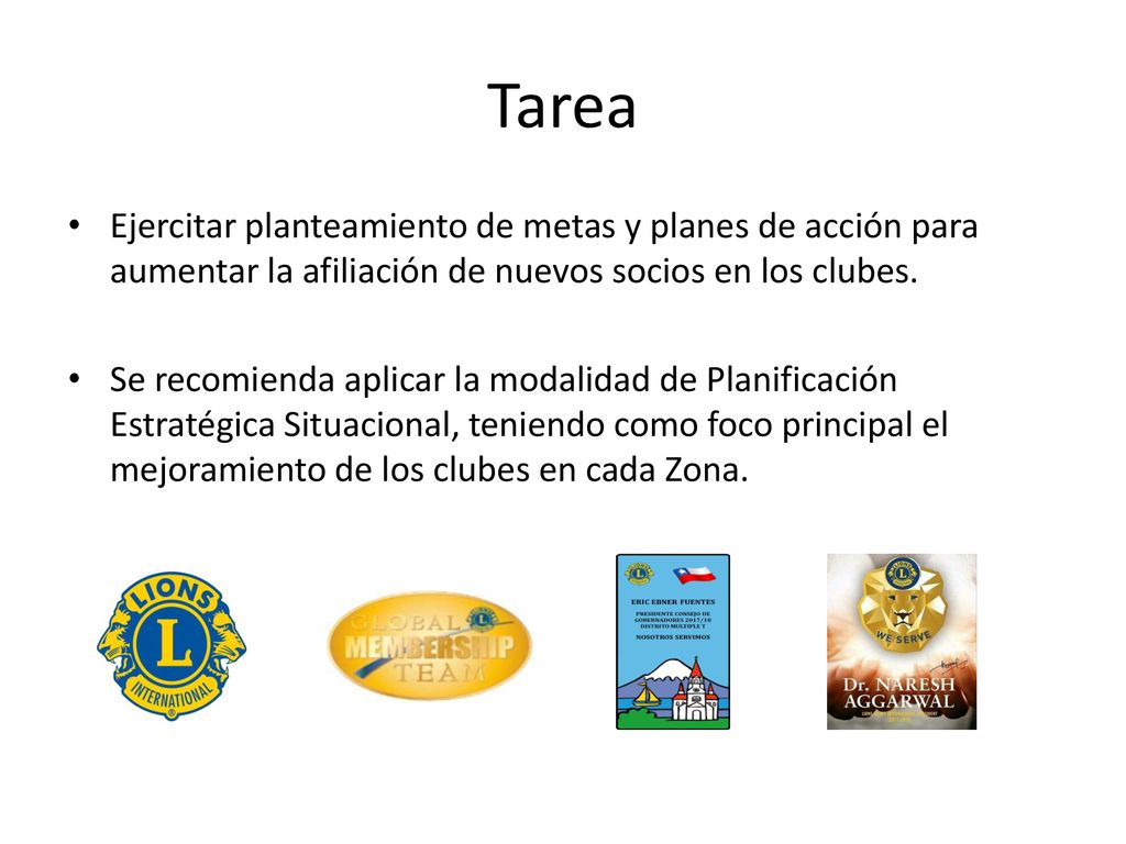 Tarea Ejercitar planteamiento de metas y planes de acción para aumentar la afiliación de nuevos socios en los clubes.