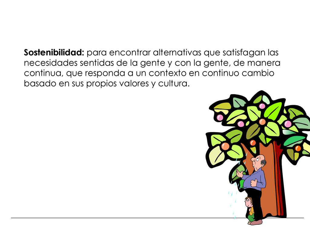 Sostenibilidad: para encontrar alternativas que satisfagan las necesidades sentidas de la gente y con la gente, de manera continua, que responda a un contexto en continuo cambio basado en sus propios valores y cultura.