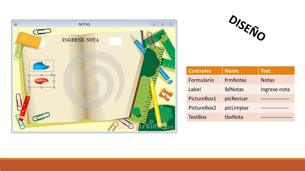 DISEÑO Controles Name Text Formulario frmNotas Notas Label lblNotas