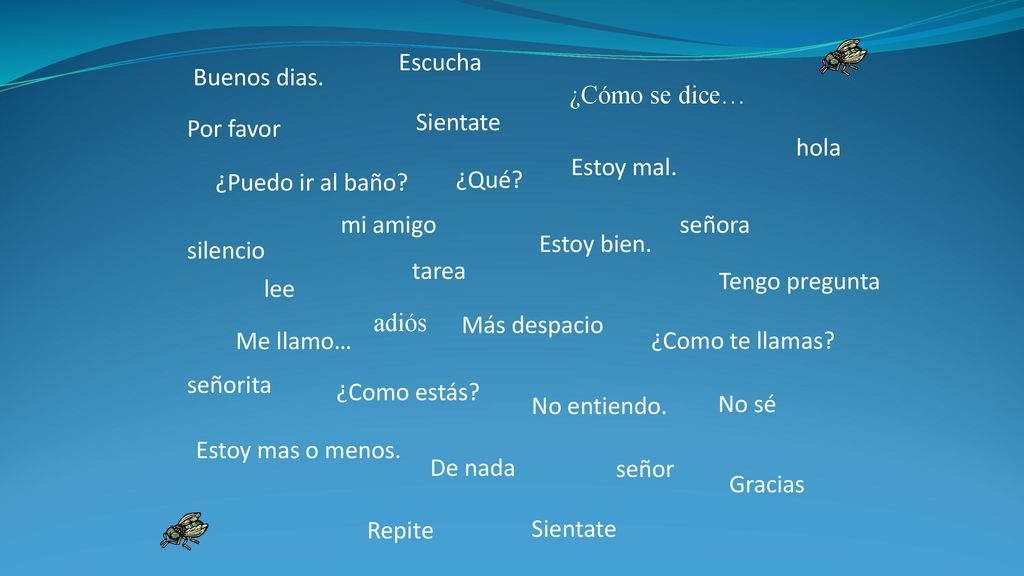 Escucha Buenos dias. ¿Cómo se dice… Sientate. Por favor. hola. Estoy mal. ¿Puedo ir al baño ¿Qué