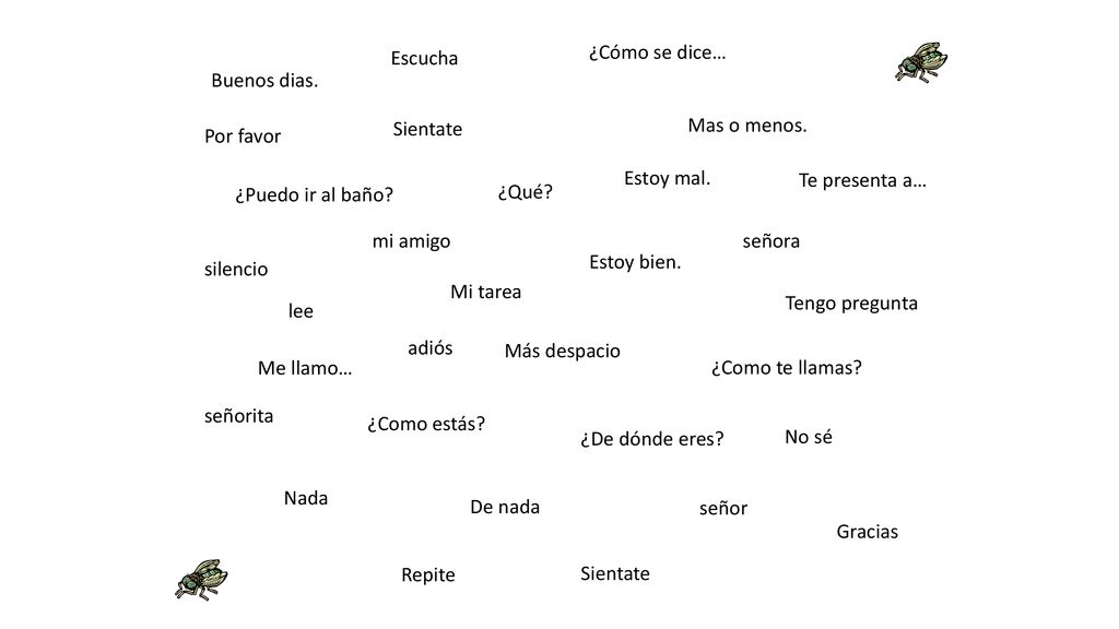 ¿Cómo se dice… Escucha. Buenos dias. Sientate. Mas o menos. Por favor. Estoy mal. Te presenta a…